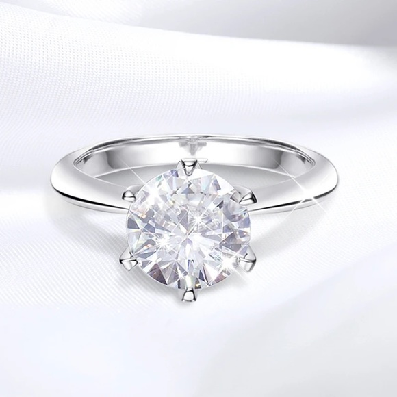 Classic 6 Prongs 5 Carat Round Moissanite Ring Sterling Silver Plated 14K Gold - Picture 3 of 9